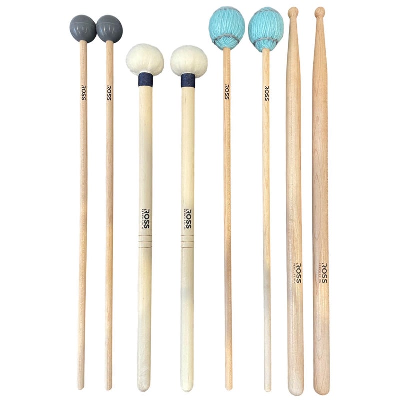ROSS Drumheads ROSS Percussion Intermediate Drum Mallet Set: General Timpani, SD2 Drumsticks, Medium Vibraphone Mallets, Xylophone Rubber Mallets - Image 1